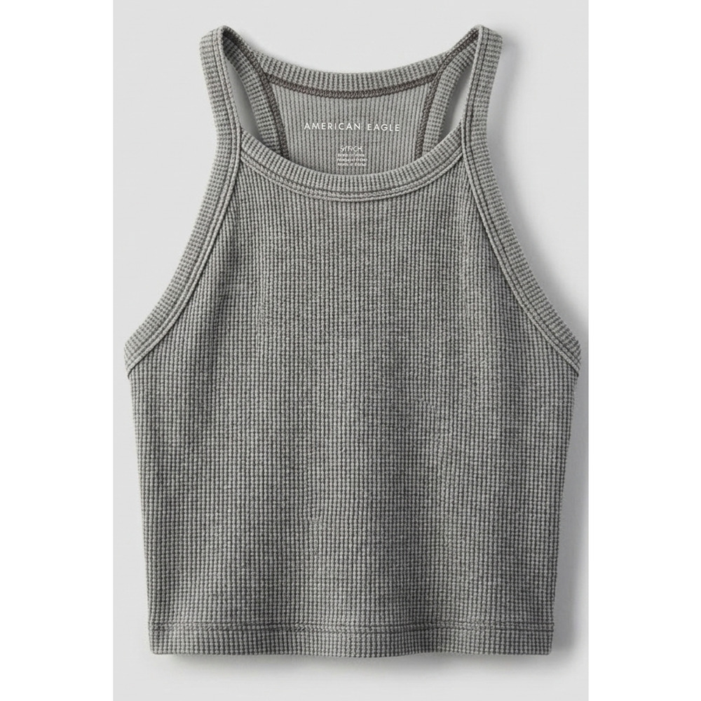 American Eagle Waffle Knit Cropped Tank Top High Neck Racerback Gray Size‎ S